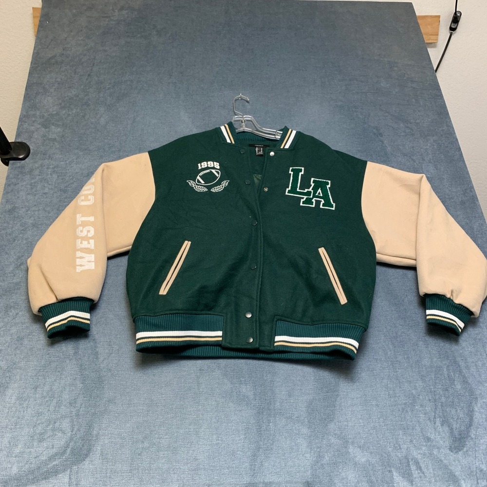 Forever 21 Varsity Letterman Bomber Jacket Womens Medium Green Beige Snap Button